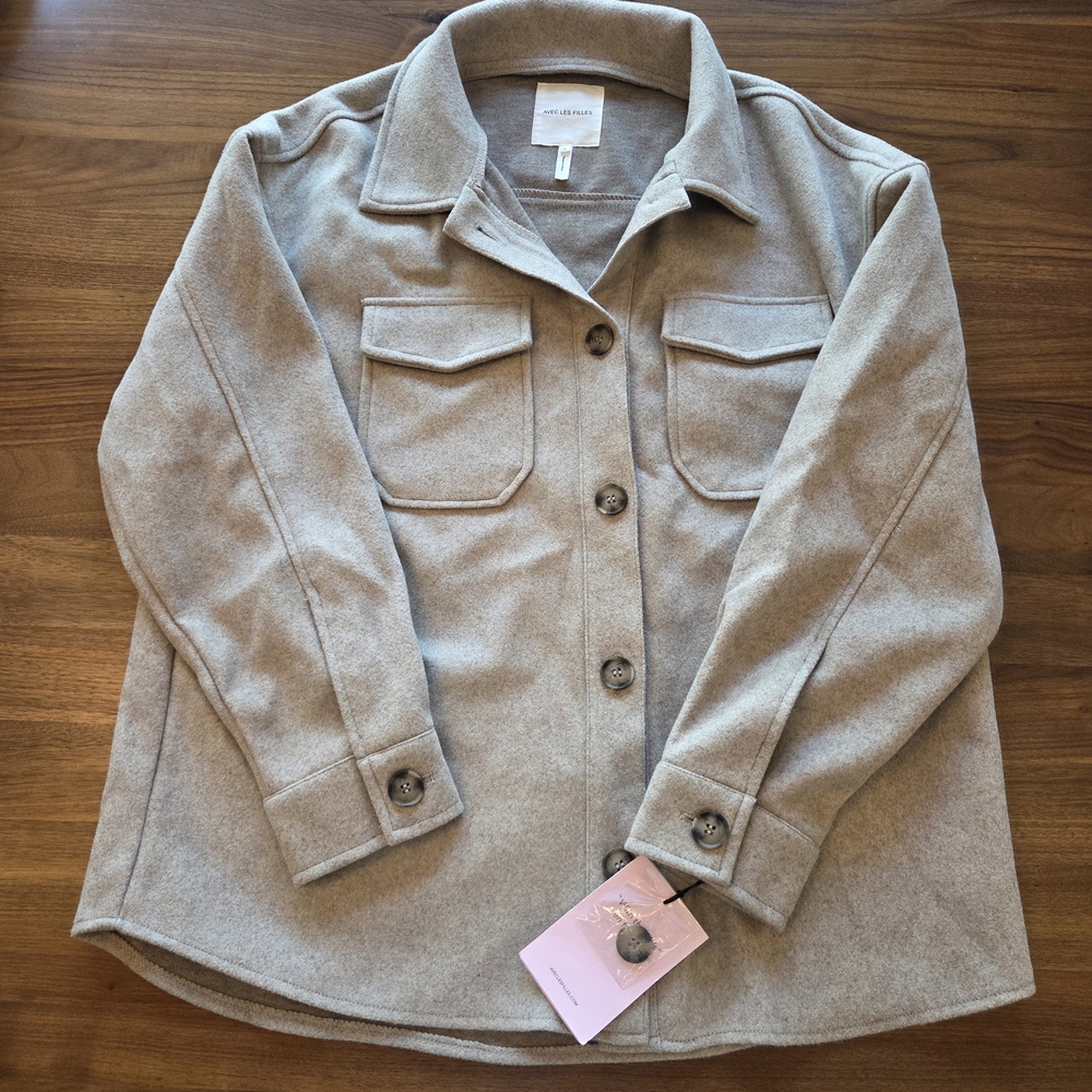 Avec Les Filles Melange Button Front Boyfriend Shacket NWT, Oatmeal/Beige, Large - Picture 2 of 9